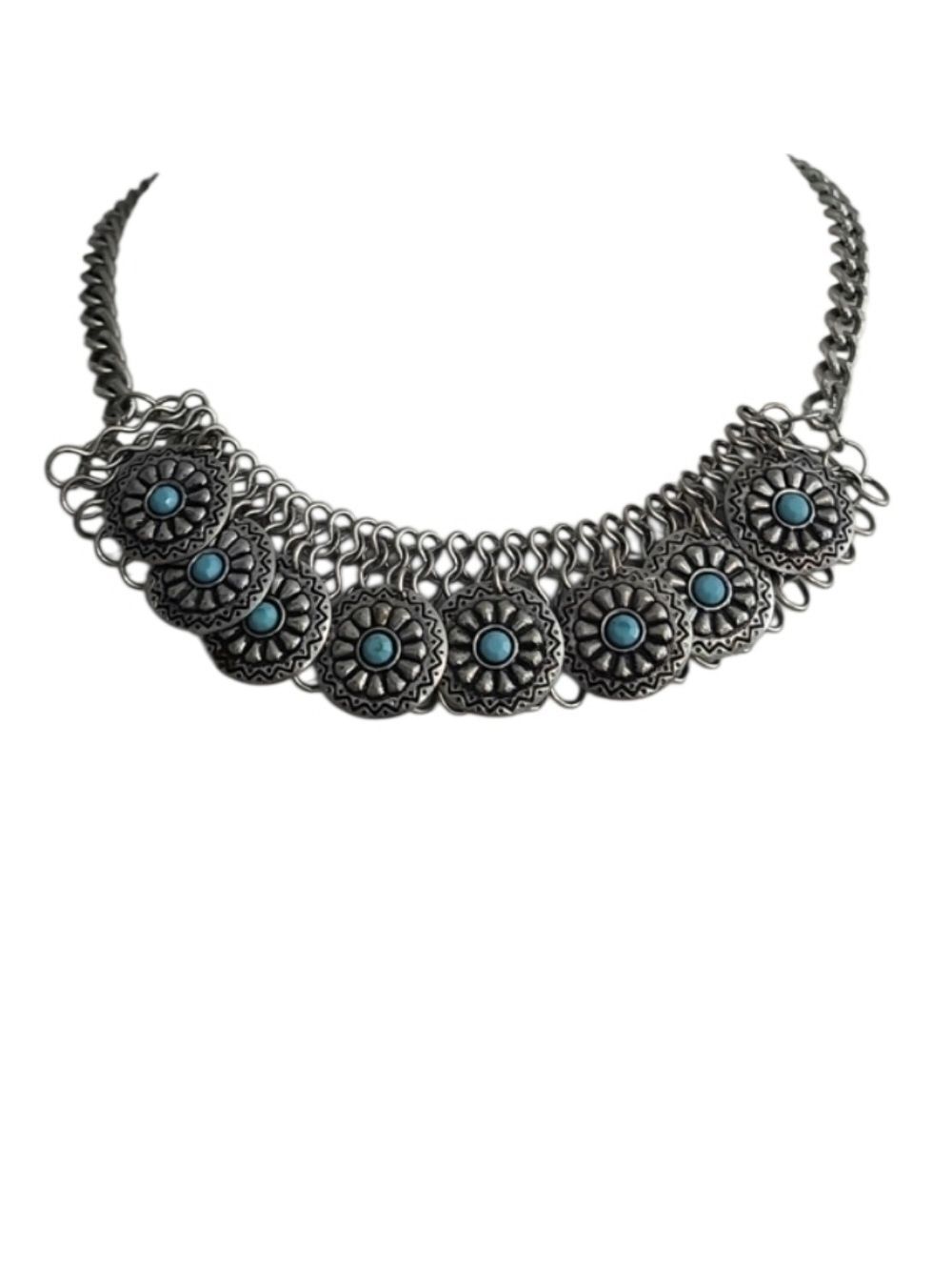Silvertone Blue Filigree Necklace Bohemian